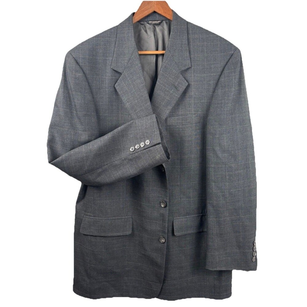 VINTAGE Bill Blass Mens 42L Blazer Jacket 100% Wool Glen Plaid Gray Made in USA